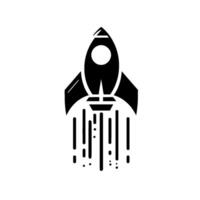 A minimalist, illustration of a rocket ship taking off, depicted in black and white against a pristine white background, showcasing its exhaust trail. vector