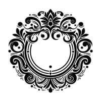 Ornate black and white circular frame featuring floral and scrollwork, isolated on a white background, decorative element. vector