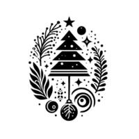 Minimalist black and white christmas tree with surrounding botanical elements and festive embellishments, set within a circular frame. vector