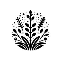 Monochromatic botanical a circular emblem featuring stylized leaves, branches, and scattered dots creating a symmetrical and elegant composition. vector