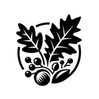 A stylized black and white illustration of an oak leaf, acorn, and berries, enclosed within a circular frame, capturing a minimalist and naturalistic aesthetic. vector