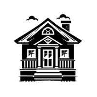A stylized, grayscale illustration of a house with a gabled roof, porch, and chimney, with a simplistic cloudscape and reflecting floor. vector