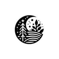 A minimalist black and white circular features a fir tree, crescent moon, stars, and foliage over a stylized landscape, suggesting a serene night scene. vector