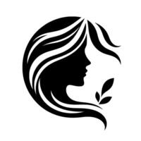 Elegant black silhouette of a womans profile with flowing hair, encircled, accented with subtle leaf detail on a clean white background. vector