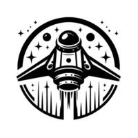 A retrofuturistic spaceship blasting off, illustrated in bold black lines within a circular frame adorned with stars and celestial elements, set against a pristine white background. vector