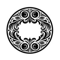 Intricate black floral within a circle, symmetrical flourishes and swirling motifs. vector