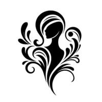Elegant silhouette of a woman with ornate floral accents, a minimalist black and white design. vector