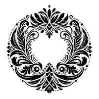 Intricate monochrome floral wreath with leaves, scrolls, and dots in a circular design, offering an open center. vector