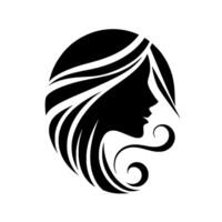 Silhouette of a womans profile, featuring flowing hair gracefully cascading over a circular background, creating an elegant and timeless in stark black and white. vector