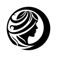 Elegant silhouette of a womans profile enclosed within a circular frame, featuring flowing hair and decorative elements, all in bold black and white. vector