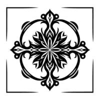 Intricate black floral mandala within a square frame a symmetrical, stylized design, exuding elegance and pattern. vector