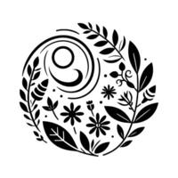A minimalist floral within a circular frame. composed of stylized leaves, flowers, and a central symbol, all in black and white. vector