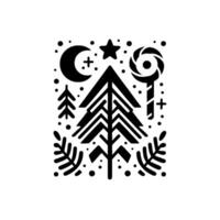 Monochromatic winters tale a geometric composition featuring a christmas tree, celestial bodies, and decorative elements in a stylized illustration. vector