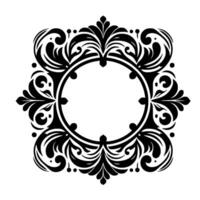 Elegant black and white floral ornament a symmetrical featuring ornate swirls, leafy accents, and a circular center, ideal for framing text or decorative elements on a white background. vector