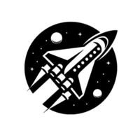 A sleek, black and white illustration of a retrostyle rocket ship blasting off against a starry backdrop within a circular frame, evoking a sense of adventure and exploration. vector