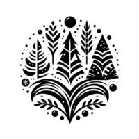 A symmetrical black and white winterthemed illustration featuring stylized fir trees, foliage, and geometric elements within a circular arrangement, evoking a festive holiday mood. vector