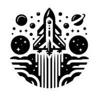 Geometric black and white illustration of a rocket launching into space, surrounded by planets, stars, and clouds, within a circular composition. vector