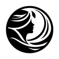 Silhouette of a womans profile within a black circle, with stylized hair and leaf motif, creating a minimalist and elegant design. vector
