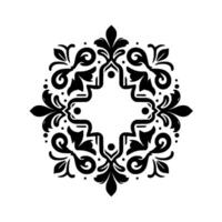 Symmetrical black floral ornament intricate with a central geometric shape and stylized floral elements, arranged in a balanced, monochrome composition. vector