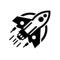 A stylized black and white rocket ship in a retro, minimalist design, set against a white backdrop, implying a sense of movement and space exploration. vector