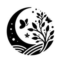 A circular, black and white silhouette of a moon, butterflies, and a tree within a scene of nature, evoking a peaceful, serene mood. vector