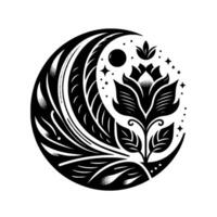 Mystical black white floral crescent with a lotuslike flower, celestial elements, and ornate leaf detailing on a stark white background. vector