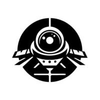 Stylized monochrome illustration of a futuristic spacecraftufo centered in a circle, with winglike extensions and circular elements. vector