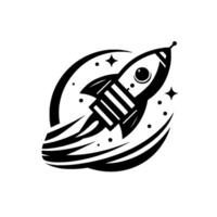 Black and white of a retrostyled rocket ship blasting off within a curved cosmic frame with stars and a circular design. vector