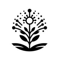 A stylized botanical illustration showcasing a symmetrical flower in bold black ink on a pristine white background, emphasizing form. vector