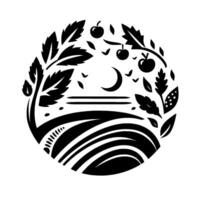 A serene, black and white minimalist circular illustration showcasing a stylized landscape, featuring a crescent moon, rolling hills, apple trees, and scattered leaves. vector
