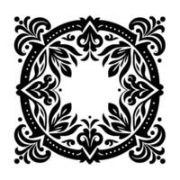 Ornate black and white symmetrical floral within a circular frame, perfect for decorative purposes or elements, on a white background. vector