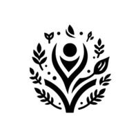 A stylized black and white depicting a human figure with arms raised, symbolizing growth, surrounded by organic, leafy elements, enclosed within a circular frame. vector