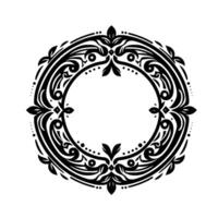 Intricate black and white circular ornamental with floral and geometric elements, creating a detailed decorative frame against a clean white background, evoking elegance. vector