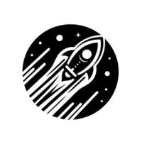 Bold, black and white illustration of a rocket ship blasting off through space, encircled within a cosmic sphere, featuring stars and trails. vector