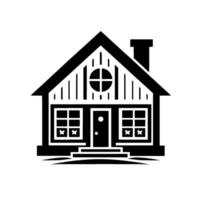 A minimalist, blackandwhite illustration of a quaint house with a gabled roof, round window, and chimney, exuding a simple, inviting aesthetic. vector