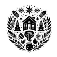 A festive monochrome holiday featuring a cozy house, winter elements like snowflakes, ornaments, and a mug of tea, all within a circular frame. vector