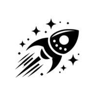 A stylized black and white illustration of a rocket ship soaring through space, surrounded by stars and emitting speed trails, with a minimalist aesthetic. vector