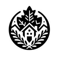 Black and white circular depicting a house, maple leaf, mountains, and foliage, representing nature, home, and a peaceful, simple lifestyle. vector