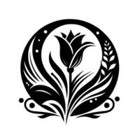 Ornate black and white floral emblem depicting a tulip within a circle, featuring decorative leaves and accents vector