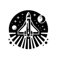 Stylized black and white emblem of a rocket launching into space within a circular frame, featuring stars, planets, and exhaust trails. vector