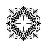 Intricate symmetrical black and white illustration of a circular featuring arrows, stylized foliage, and ornamental patterns within a square frame, evoking elegance. vector