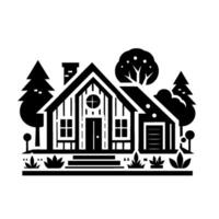 A minimalist, black and white illustration of a rustic cabin nestled within a silhouetted forest, featuring a central gabled roof, round window, and surrounding stylized trees and foliage, evoking a s vector