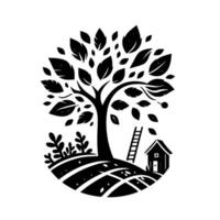 A stylized black and white silhouette of a lush tree with full foliage, a ladder, and a quaint cottage, illustrating a peaceful rural scene. vector