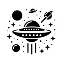 A retrostyled, monochrome illustration of a spaceship scene, featuring a ufo in the center with star clusters, planets and a rocket ship in the vast expanse of the universe. vector