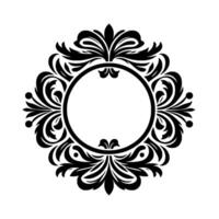 Intricate black and white circular ornament, featuring flowing floral and curvilinear elements, surrounding a central blank space. vector