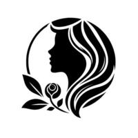 Elegant silhouette of a woman with flowing hair within a circle, adorned with a rose and leaves, rendered in a minimalist black and white style. vector