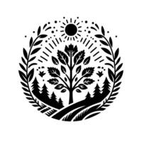 A minimalist monochrome emblem of nature, featuring a central tree, sunburst, forest silhouette, and leafy border, creating a serene, stylized landscape within a circular frame. vector