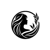 Elegant silhouette of a womans profile with flowing hair and floral accents, enclosed within a circular frame, rendered in stark black and white, symbolizing beauty and natures harmony. vector