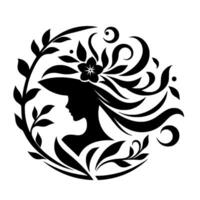 Elegant silhouette a black and white circular featuring a woman with a flowing hairstyle adorned with floral accents and surrounded by botanical elements. vector