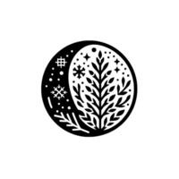 A black and white yin yang style featuring a tree, snowflakes, stars, and geometric shapes, representing winters duality. vector